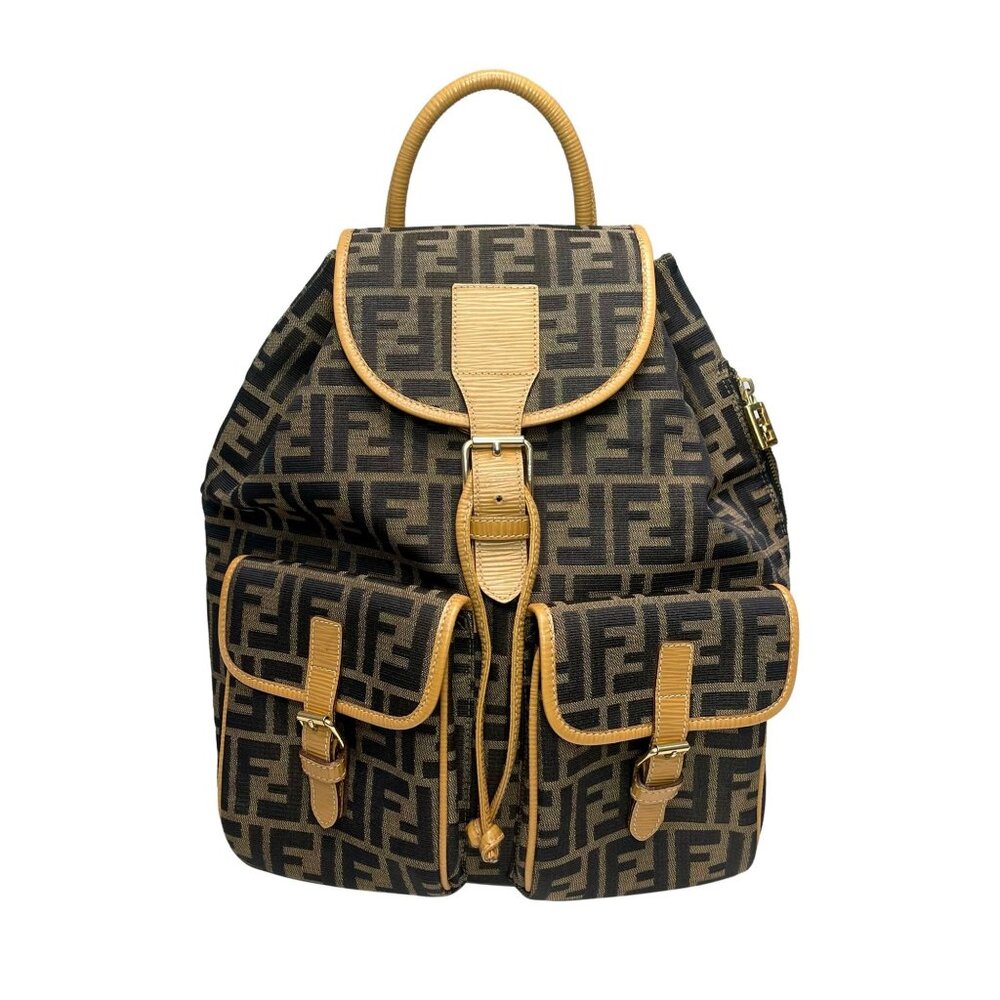 FENDI Vintage Brown & Tan Zucca Logo Monogram Canvas & Leather Drawstring Backpa